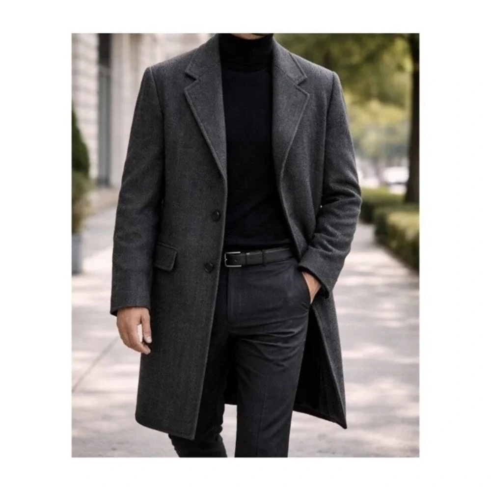 Hart Schaffner‎ Marx Saxony Tweed Wool Herringbone Overcoat Mens 38S Gray